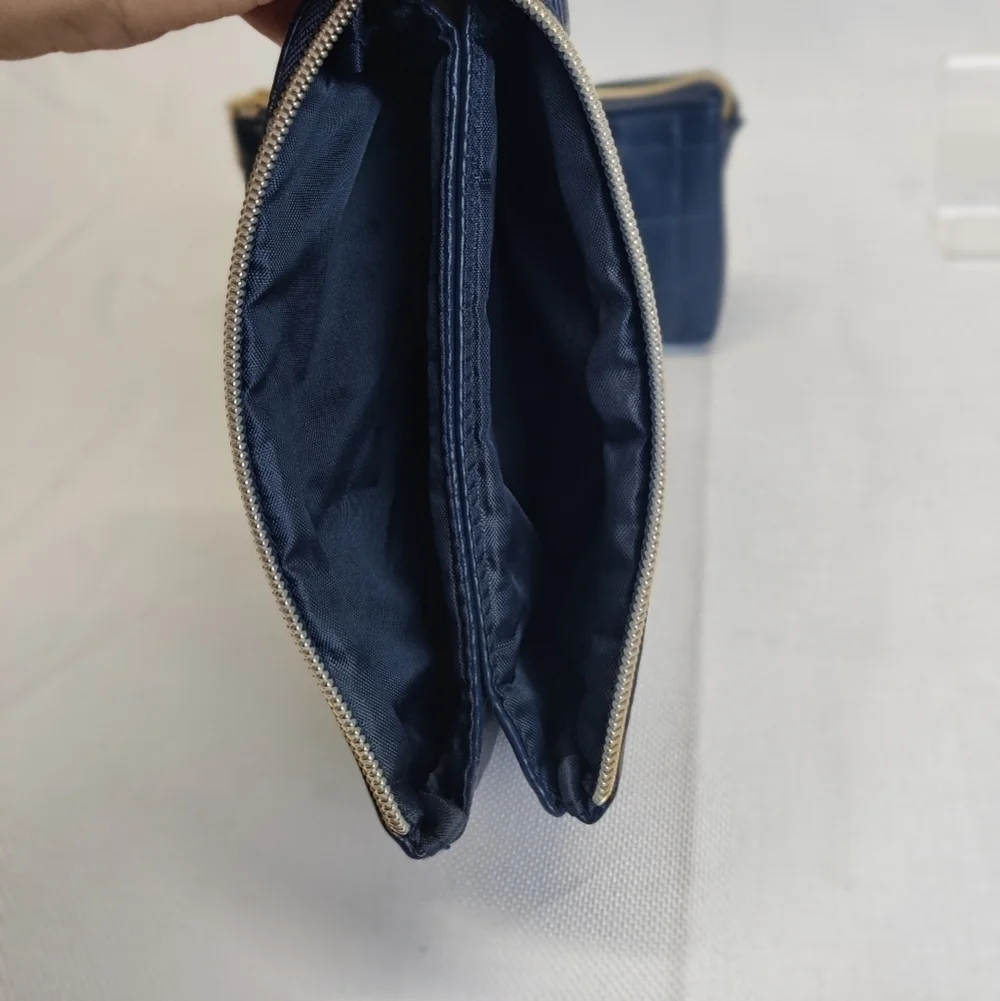 Two New Sophia Joy Makeup Bags Soft Quilted Navy Blue Faux Leather Zippers 4x7